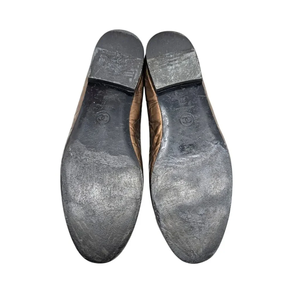 Chanel Ballet Flat Ballerina CC Logo Cap Toe Metallic Bronze Leather 38 | 7.5
